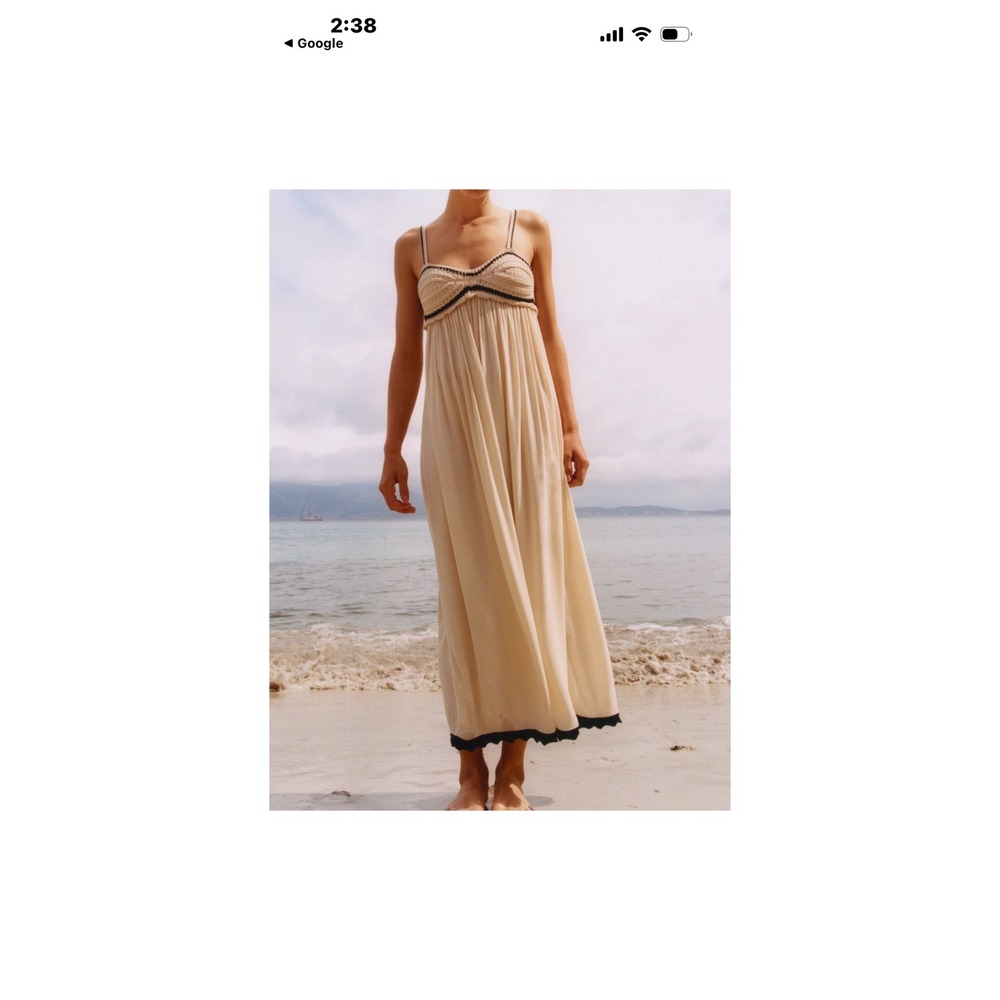 Zara Crochet Bodice Gauze Midi Dress Cream Black Boho Empire Waist Large